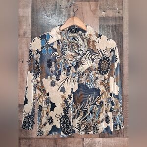 Vintage Cdc Creative Design World Blue and Cream Floral Top Blouse 90s Large